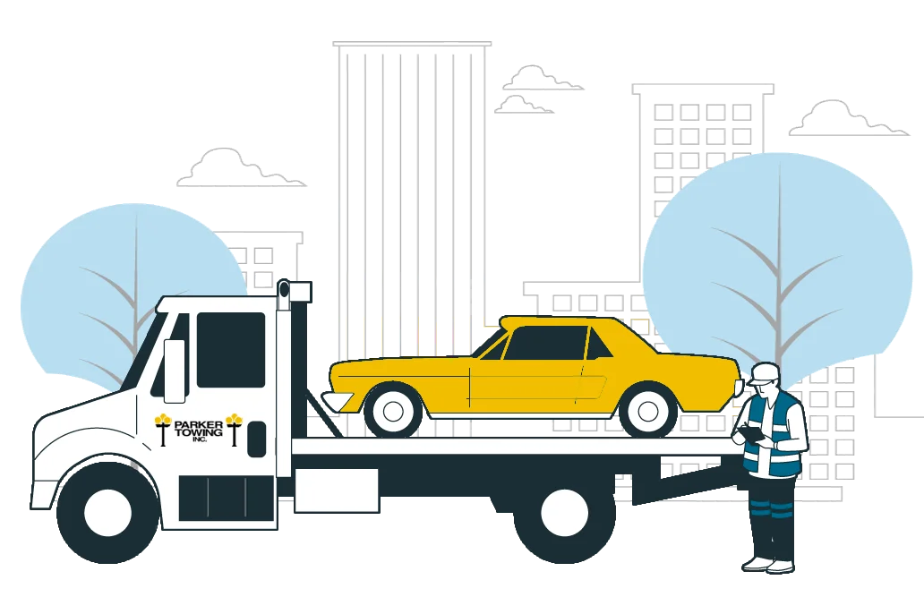 Illustration of a Parker Towing flatbed loading a car, with a driver in a safety vest